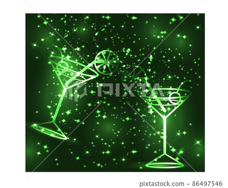 Golden outline of glasses with a cocktail on a green background with stars and lights, disco, club, neon glow Golden outline of glasses with a cocktail on a green background with stars and lights, disco, club, neon glow 86497546