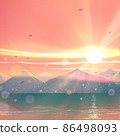 Japanese sunset landscape with beautiful mountains and blue lake or sea water with sunlight, water reflections, waves, birds in vector. Romantic nature illustration art. 86498093