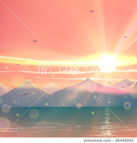 Japanese sunset landscape with beautiful mountains and blue lake or sea water with sunlight, water reflections, waves, birds in vector. Romantic nature illustration art. 86498093