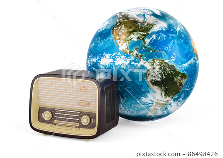Vintage radio receiver with Earth Globe. World Radio Day, concept. 3D rendering 86498426