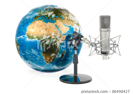 Studio microphone with Earth Globe. 3D rendering 86498427
