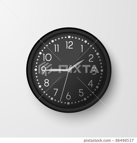 Wall clocks. Office black and white analog clock face. Vector circle watches Wall clocks. Office black and white analog clock face. Vector circle watches 86498517