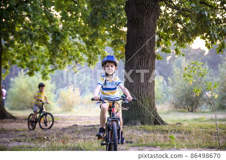 Two little kid boys in colorful casual clothes in summer forest park driving bicycle. Active children cycling on sunny fall day in nature. Safety, sports, leisure with kids concept 86498670