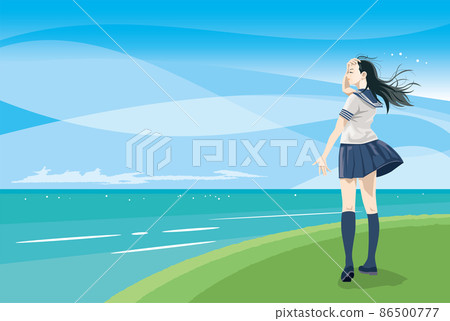 Back view of a high school girl in a sailor suit (sea and sky) 86500777