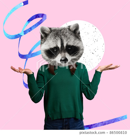 Creative design. Contemporary art collage. Woman with raccoon head spreading hands in disbelief isolated over pink background Creative design. Contemporary art collage. Woman with raccoon head spreading hands in disbelief isolated over pink background 86500810