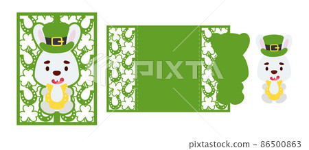 St. Patrick's Day bunny laser cutting invitation card template. Paper cut out silhouette for plotter and silk screen printing. Vector stock illustration. St. Patrick's Day bunny laser cutting invitation card template. Paper cut out silhouette for plotter and silk screen printing. Vector stock illustration. 86500863