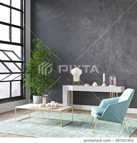 Beautiful interior of a modern room. Bright and clean design. A sofa standing by a large window against a wall background. 3D rendering 86502463