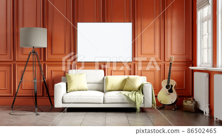 Modern interior of a room with an empty painting. Sofa and large window, wooden floor and wall. Clean lines of interior design. 3D rendering 86502465