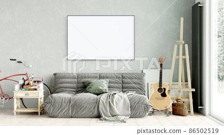 Modern interior of a room with an empty painting. Sofa and large window, wooden floor and wall. Clean lines of interior design. 3D rendering 86502519
