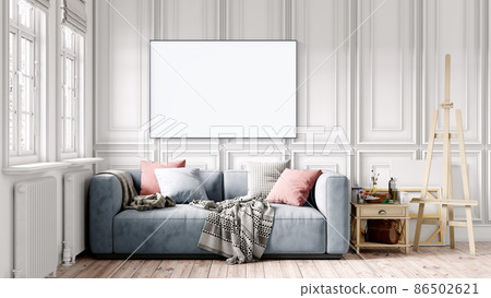 Modern interior of a room with an empty painting. Sofa and large window, wooden floor and wall. Clean lines of interior design. 3D rendering 86502621