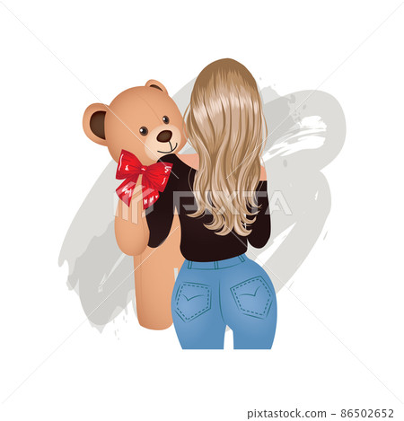 Pretty woman hug a giant teddy bear doll. Fashion girl illustration 86502652
