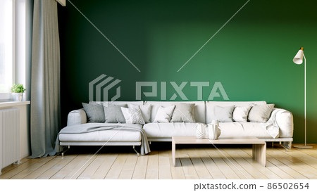 Beautiful interior of a modern room. Bright and clean design. A sofa standing by a large window against a wall background. 3D rendering Beautiful interior of a modern room. Bright and clean design. A sofa standing by a large window against a wall background. 3D rendering 86502654