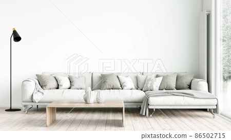 Modern stylish interior of the living room, a room with a wooden floor and a large window. 3D rendering Modern stylish interior of the living room, a room with a wooden floor and a large window. 3D rendering 86502715