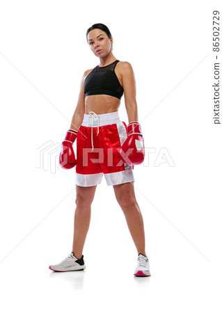 Portrait of young beautiful girl, professional boxer in boxing shorts and gloves posing isolated on white studio background. Concept of sport, studying, competition Portrait of young beautiful girl, professional boxer in boxing shorts and gloves posing isolated on white studio background. Concept of sport, studying, competition 86502729
