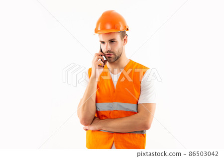 warehouse man worker talking on phone. male road repair or construction worker warehouse man worker talking on phone. male road repair or construction worker 86503042