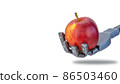 fingers squeeze a fresh apple in the robots hand. future technologies and ecology. robotics applicable in agriculture  86503460