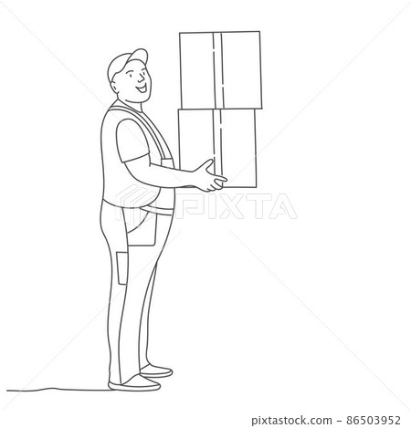 Worker carry cardboard box. Delivery company. Loader service. Worker carry cardboard box. Delivery company. Loader service. 86503952