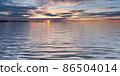 Sunset in lake with waves under cloudy sky  86504014