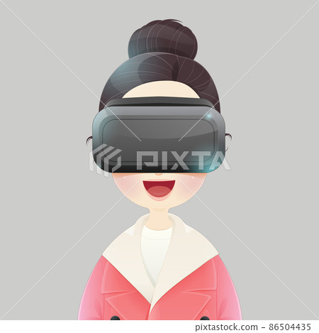 Woman wearing virtual reality device. Woman wearing virtual reality device. 86504435