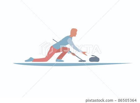 Curling player with stone and broom on a ice rink. Color silhouette icon. Curling player with stone and broom on a ice rink. Color silhouette icon. 86505364