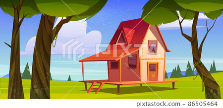 Village house on hill with green grass and trees 86505464
