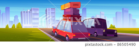 Cityscape with cars on road and houses on skyline Cityscape with cars on road and houses on skyline 86505490