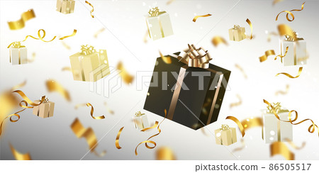 Gift boxes and confetti flying on blur background Gift boxes and confetti flying on blur background 86505517