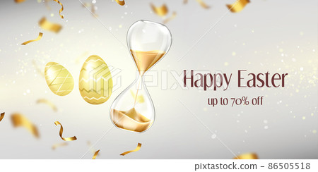 Happy Easter sale banner with gold eggs, sandglass Happy Easter sale banner with gold eggs, sandglass 86505518