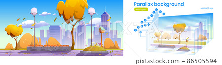 Parallax background autumn city park with bench - Stock Illustration ...
