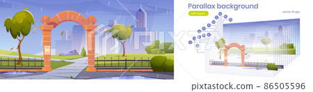 Parallax background stone arch gates to city park - Stock Illustration ...