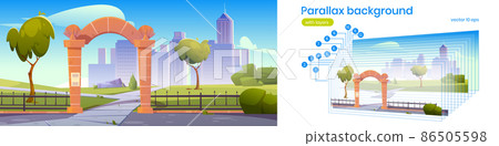 Parallax background with stone arch in city park - Stock Illustration ...