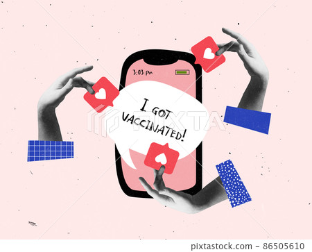Contemporray art collage. Hands with heart symbols over mobile phone with social media app Contemporray art collage. Hands with heart symbols over mobile phone with social media app 86505610