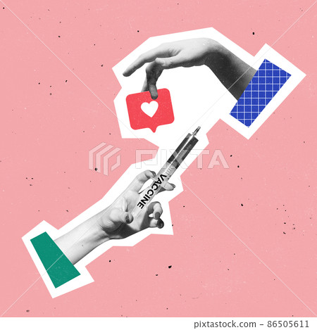 Creative design. Contemporary art collage in vintage style. Female hands with syringe and like symbol Creative design. Contemporary art collage in vintage style. Female hands with syringe and like symbol 86505611
