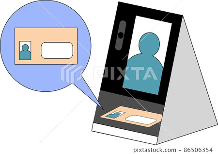 Illustration of a card reader with face recognition and My Number card for medical institutions and pharmacies. Illustration of a card reader with face recognition and My Number card for medical institutions and pharmacies. 86506354