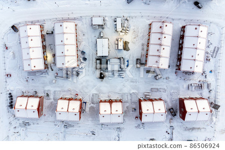 Aerial view of residential houses at winter. Scandinavian neighborhood, suburb. 86506924