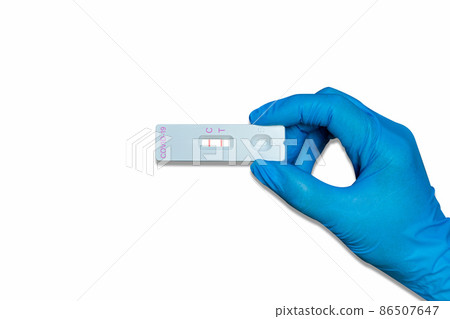 Hand holding Rapid Antigen Test kit with Positive result during swab COVID-19 testing. 86507647