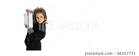 Flyer with portrait of liitle boy, kid in image of stylish hairdresser, barber isolated on white studio background. Concept of occupation, modern specialists, childhood 86507731