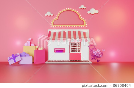 Happy Valentine's Day. 3D Shop facade, online shopping concept, Winter. 3d illustration or 3d render. Happy Valentine's Day. 3D Shop facade, online shopping concept, Winter. 3d illustration or 3d render. 86508404