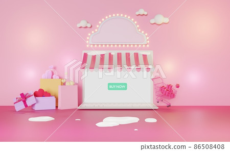 Happy Valentine's Day. 3D Shop facade, online shopping concept, Winter. 3d illustration or 3d render. Happy Valentine's Day. 3D Shop facade, online shopping concept, Winter. 3d illustration or 3d render. 86508408
