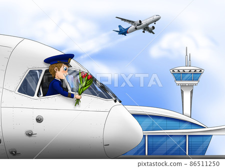 Greeting card for March 8. International Civil Aviation Day. Airport, pilot, bouquet of flowers, plane. International Women's Day. 86511250