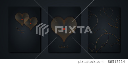 Happy Valentines day vector set greeting card. Gold heart on black background. Golden holiday poster with text, jewels. Concept for Valentines banner, flyer, party invitation, jewelry gift shop 86512214
