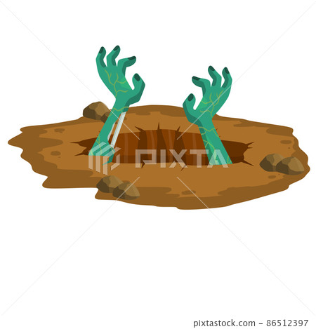 Grave. Hole in brown ground. Green hands of dead zombie. 86512397