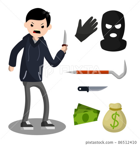 Thief with knife. Security problem. Funny guy. Cartoon flat illustration 86512410
