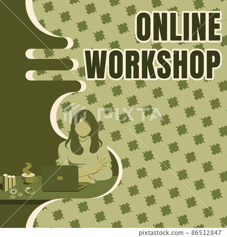 Text sign showing Online Workshop. Business approach shows of goods and commodities over the electronic websites Woman Sitting Using Laptop Online Session Discussing Latest Projects. Text sign showing Online Workshop. Business approach shows of goods and commodities over the electronic websites Woman Sitting Using Laptop Online Session Discussing Latest Projects. 86512847