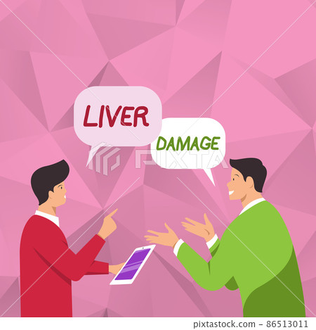 Handwriting text Liver Damage. Internet Concept damage to the liver and its function due to alcohol abuse Two Men Colleagues Standing Sharing Thoughts Together With Speech Bubbles 86513011