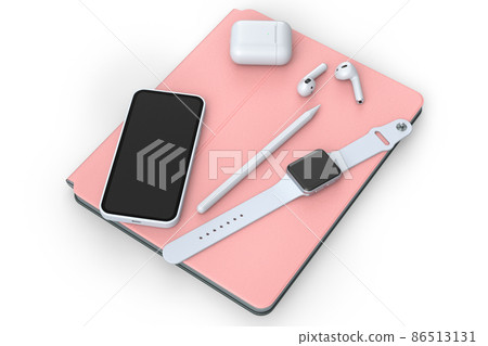Computer tablet with stylus, smartwatch, phone and headphone on white background Computer tablet with stylus, smartwatch, phone and headphone on white background 86513131
