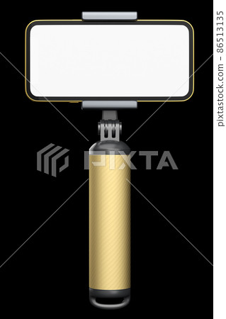 Realistic smartphone with blank white screen and selfie stick isolated on black 86513135