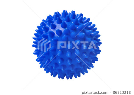 Blue plastic spiny massage ball isolated on white. Concept of physiotherapy or fitness. Closeup of a colorful rubber ball for dog teeth on a white color background. Corona virus model. 86513218