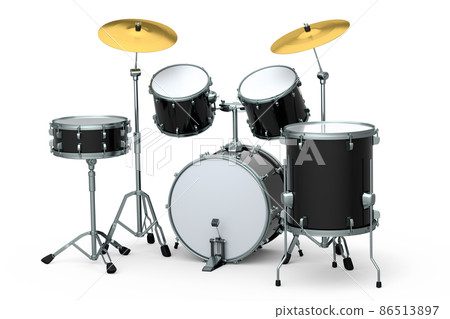 Set of realistic drums with metal cymbals on white background. 3d render concept of musical percussion instrument, drum machine and drumset Set of realistic drums with metal cymbals on white background. 3d render concept of musical percussion instrument, drum machine and drumset 86513897