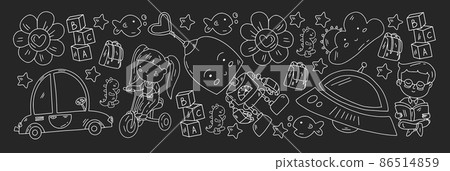 School and kindergarten vector pattern with little children. Girl and boys play and study School and kindergarten vector pattern with little children. Girl and boys play and study 86514859